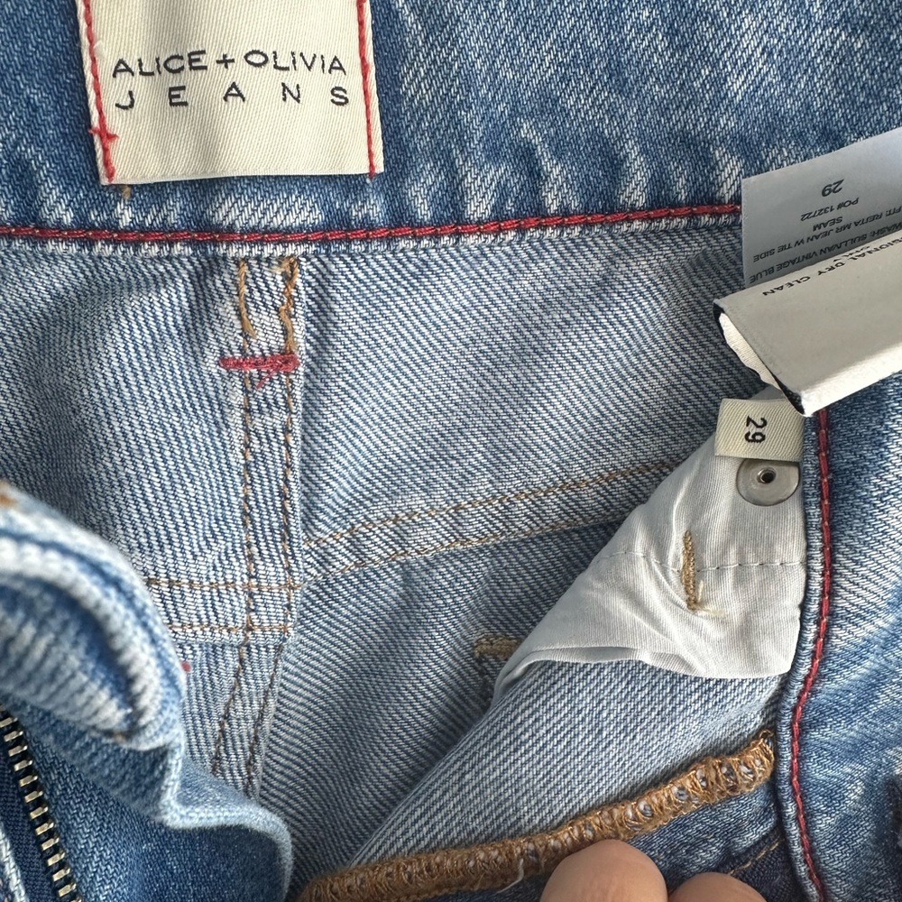 alice + olivia Reita mid-rise jeans side leg white ribbon size 29 - Picture 6 of 10